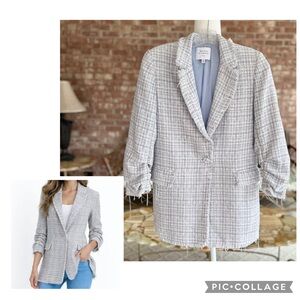 Maison d’Amelie Paris Blazer Blue Tweed Fringe Ruched Sleeve One Button 2